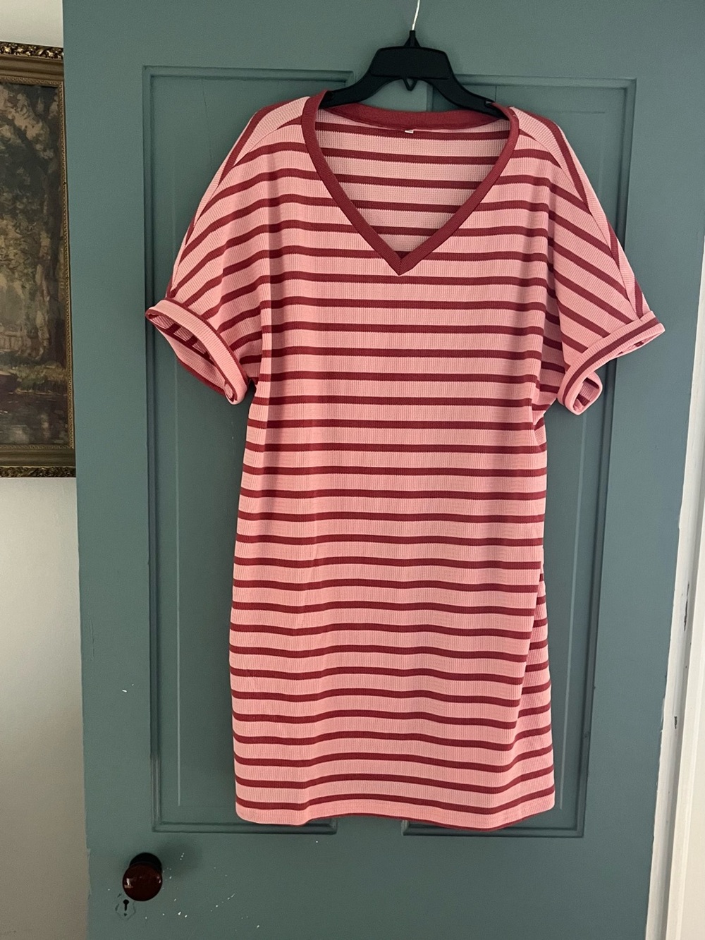 Pink and Burgundy Striped V-Neck T-Shirt Dress